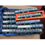 Ten Hornby "OO" Gauge BR Liveried MKII Eight Wheeled Coaches, playworn.