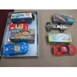 Four 1960's Hong Kong Plastic Cars, including MGB in red, all friction drive, all playworn, some