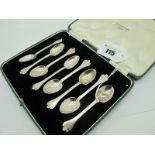 A Set of Eight Hallmarked Silver Demitasse Spoons, TB & S, Sheffield 1938, of dog nose style, in