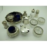 A Collection of Assorted Hallmarked Silver Cruet Items, (various makers and dates) including glass