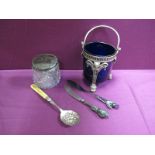 A Hallmarked Silver Lidded Glass Dressing Table Jar, a decorative plated sugar basket, of