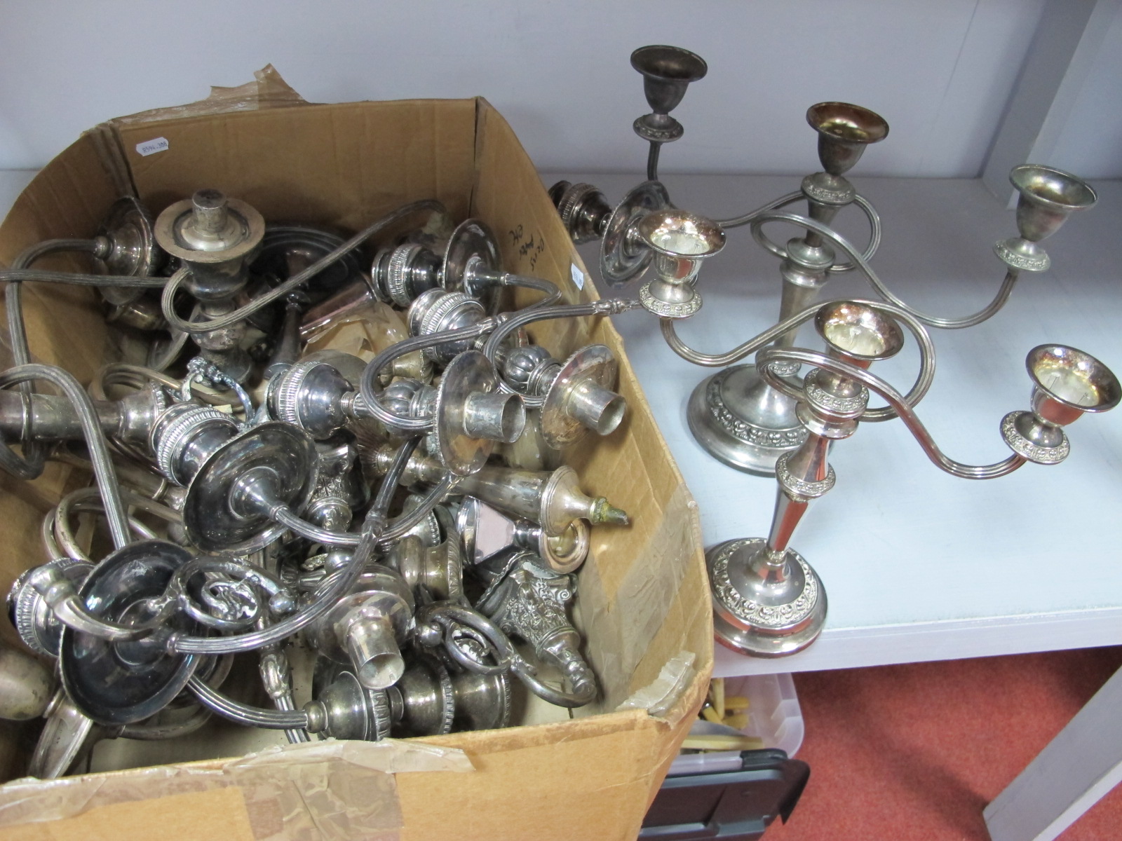 Assorted Plated Candelabra, dwarf candlesticks, (damages):- One Box