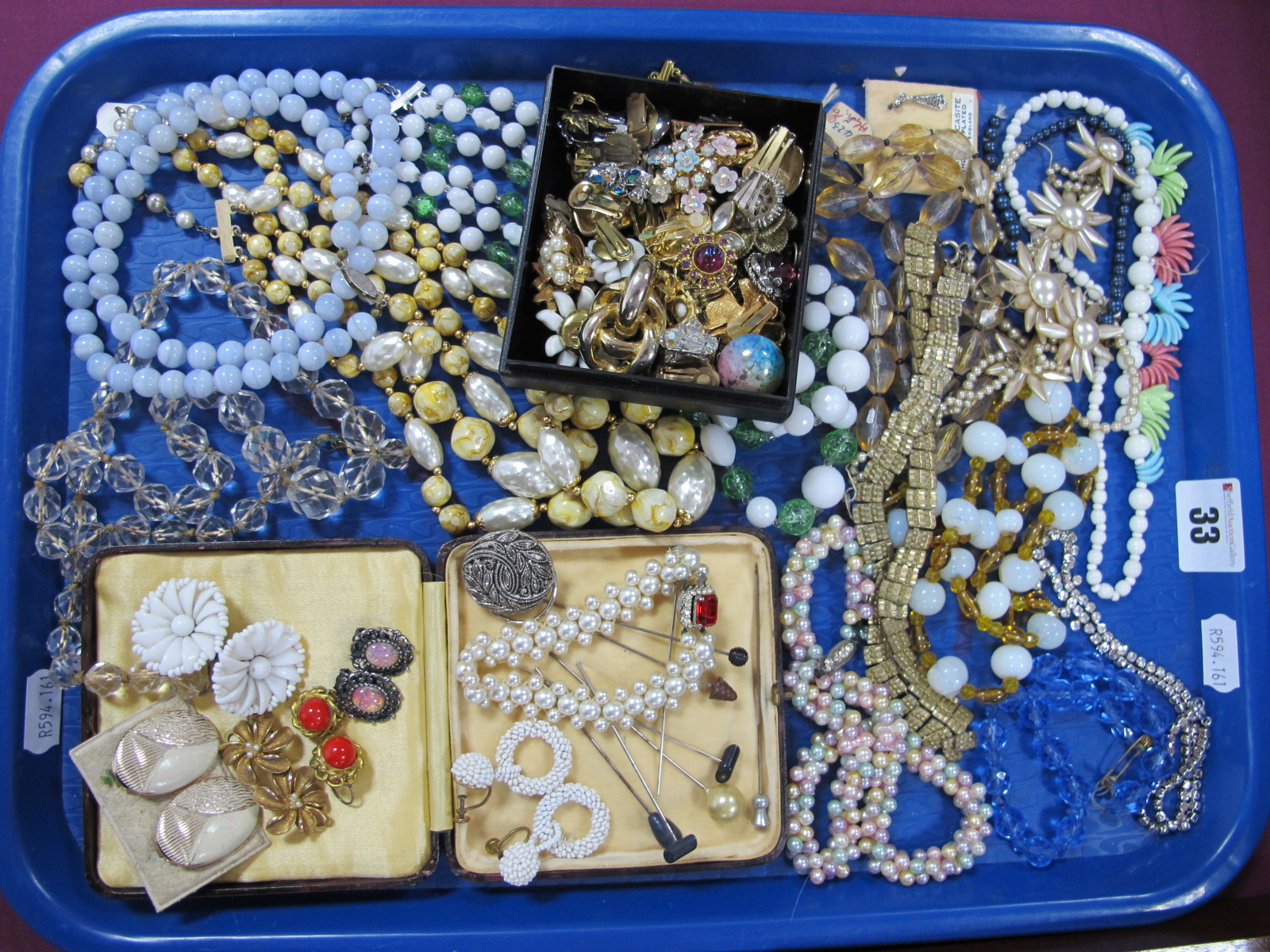 Vintage and Other Costume Bead Necklaces, assorted clip earrings (odds), imitation pearl bracelet,