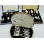 A Set of Six Hallmarked Silver Demi Tasse Spoons, in a case; together with a set of six Art Deco