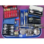 Cased Sets of Plated Teaspoons, plated plain drum mustard with blue glass liner, candlestick, horn