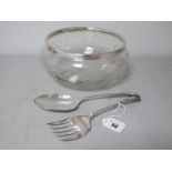 A Chester Hallmarked Silver Rimmed Cut Glass Bowl, together a pair of Art Deco electroplated