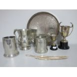 A Miniature Hallmarked Silver Twin Handled Trophy Cup, on plastic socle base, further trophy cup,