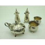 A Matched Pair of Hallmarked Silver Pepperettes, Chester 1917, 1918, a lidded mustard (marks rubbed)