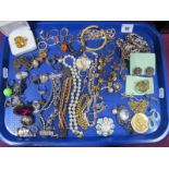 Assorted Costume Dress Rings, bracelets, imitation pearls, brooches, ladybird on leaf pendant (chain