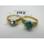 A 9ct Gold Cluster Style Ring, with claw set turquoise coloured highlights, between wide bark effect