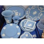 Wedgwood Powder Blue Jasper Ware, including:- oval dish, bridge ashtrays, vases, etc:- One Tray