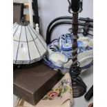 Table Lamp, ebony dressing table set, tapestry wall hanging. (3)