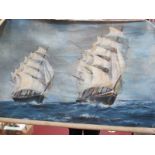 XX Century School, Two Clipper Ships at Sea, oil on canvas, unsigned, 98 x 128cm.