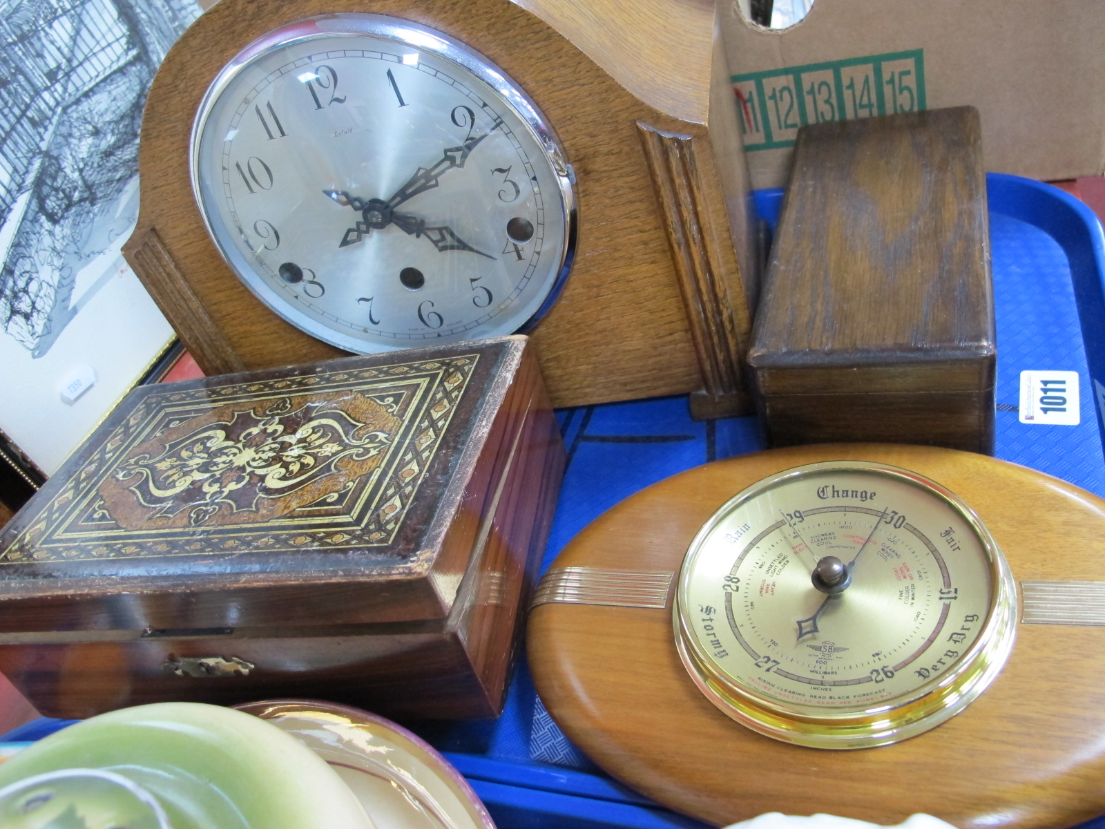 Enfield Oak Cased Westminster Chime Mantle Clock, 'SB' barometer, sewing box, oak box:- One Tray