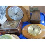 Enfield Oak Cased Westminster Chime Mantle Clock, 'SB' barometer, sewing box, oak box:- One Tray