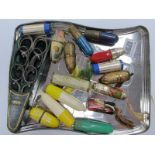 A Quantity of Needle, Cotton and Thimble Holders, four pairs of scissors in morocco case (lacking