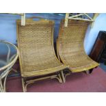 Pair of Cane and Bamboo Easy Chairs, each having basketwork to all-in-one curved seat and back, on
