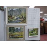 Ken Johnson, Woodland Riverside Scenes, three oils on boards, 48.5 x 58.5cm the largest.