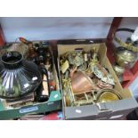 Brass and Copper Kettle, brass bell, brass lion mask door knocker, Wade Whiskey bells, pottery etc:-