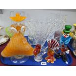 Venetian Glass Carnival Figure of a Lady, in mottled orange dress, clown, fish, cut glass vases