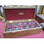 Gents Travelling Drinks Set, featuring ten numbered glass tots, etched with grouse, in boxwood vase,
