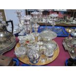 'JD' Plated Basket, plate on copper four branch candelabra, Walker & Hall rose bowl, etc:- One Tray