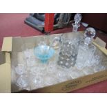 Decanters, drinking glasses, mottled glass vase, signed glass paperweight, etc:- One Box