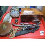 Burr Wood Box, knives, Rabone measure, brass circular cased clock having movement window to top,