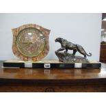 Art Deco Mantel Clock, with marble base and shield back to brass chapter ring, aside oxidized copper