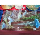 Vaseline Tinted Glass Epergne Flutes, in yellow, turquoise, etc:- One Tray