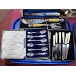 Coalport Cake Knife, set of six silver teaspoons, fish servers, Elliot knives, all cased.