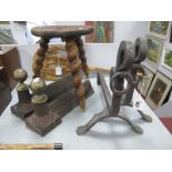 Two Pairs of Iron Fire Dogs, barley twist legged stool, carpet beater.