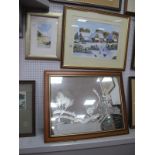 A Windmill Decorated Wall Mirror. D Walker 'Winter Farmyard Scene', signed lower left 30 x 40cm.