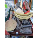 Pottery Mixing Bowls, flat irons, tins, cutlery, etc:- One Tray