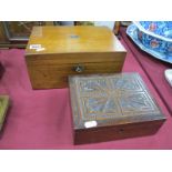 XIX Century Oak Box, with carved scroll four window lid, 22cm wide; XIX Century mahogany writing