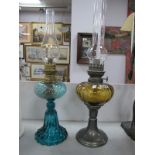 Turquoise Twist Glass Oil Lamp, 'KB' French pewter example having amber glass well. (2)