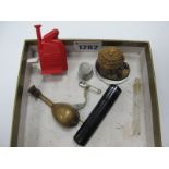 Glass Scent Phial, in Art Deco Black and Bakelite Case, tape measure in mandolin case, etc.