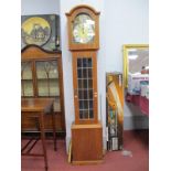 Tempus Fugit Mid XX Century Teak Cased Grandmother Clock, with lead glazed door and three weights.