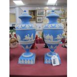 A Pair of c.Early XX Century Blue and White Adams Jasperware Lidded Urns,with classical figures,
