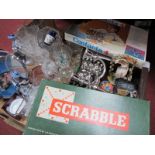 Glassware, ship in bottle, plates, boxes, records, CD's, games:- Three Boxes