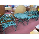 Green Painted Cast Metal Three Piece Garden Seat Set, comprising two seater settee, 116cm wide,