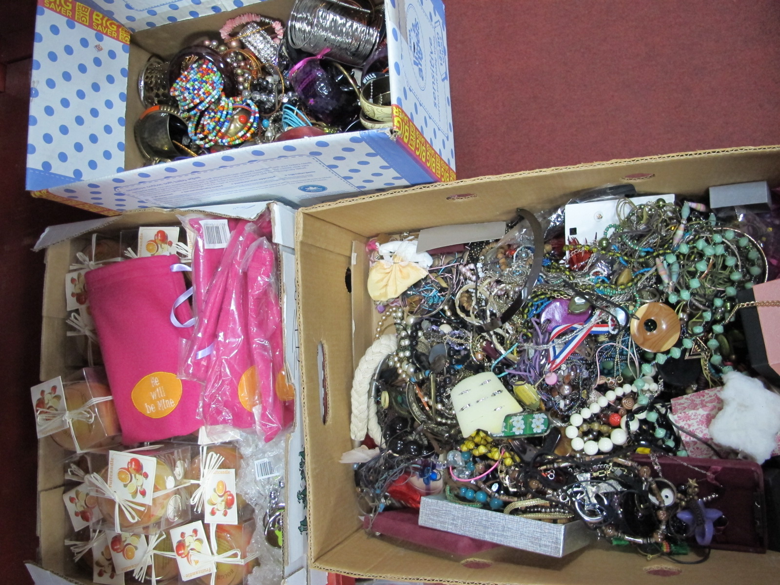 Two Boxes of Costume Jewellery, plus a box of fruit scented candles. (3)