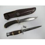 Bowie Knife, with leather sheath by Brookes and Crooks, stag handle, 26cm overall; William