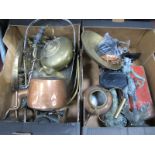 Spelter Figure, scales and weights, copper kettle, brassware, etc:- Two Boxes