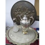 Claret Jug, trophy, oval tray, brass wall plaque.