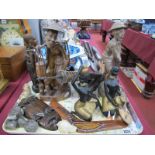 Ethnographica Figures and Mask in Hardwood, mineral heads, etc:- One Tray
