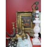 An Early XX Century Spelter Figurine, 'La Danse' 54cm high, brass candlesticks, trivet, cup holders,