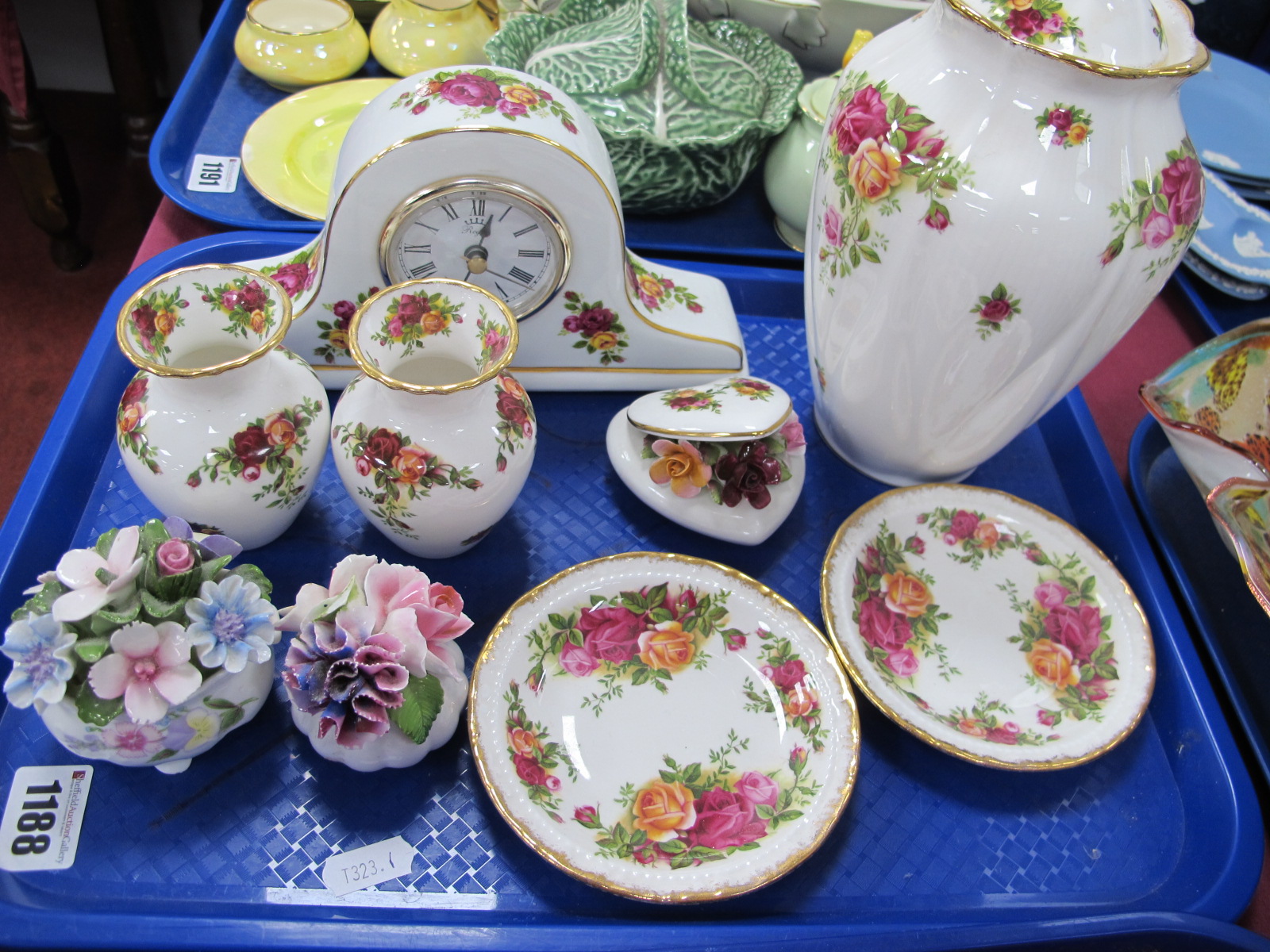 Royal Albert 'Old Country Roses' Lidded Jar, pair vases, pin trays, floral cased clock similar,