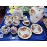 Royal Albert 'Old Country Roses' Lidded Jar, pair vases, pin trays, floral cased clock similar,