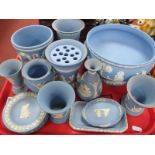 Wedgwood Powder Blue Jasper Ware, including:- pedestal bowl, 22cm diameter, urn, vases:- One Tray